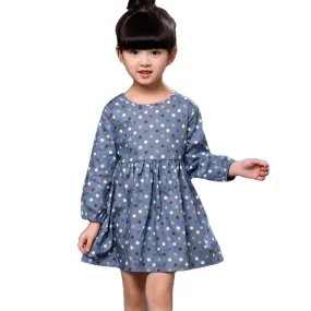 Fashionable Comfortable Girls' Long Sleeve Cotton Shirt Dress With Polka Dot