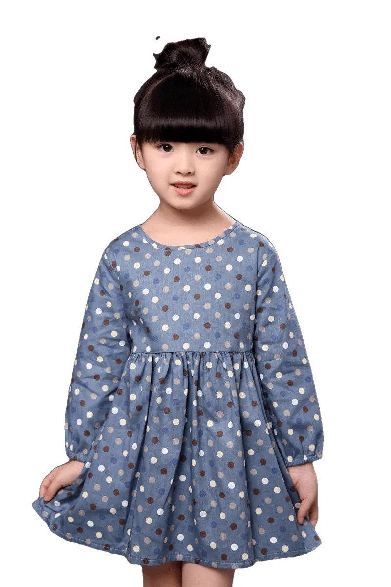 Fashionable Comfortable Girls' Long Sleeve Cotton Shirt Dress With Polka Dot