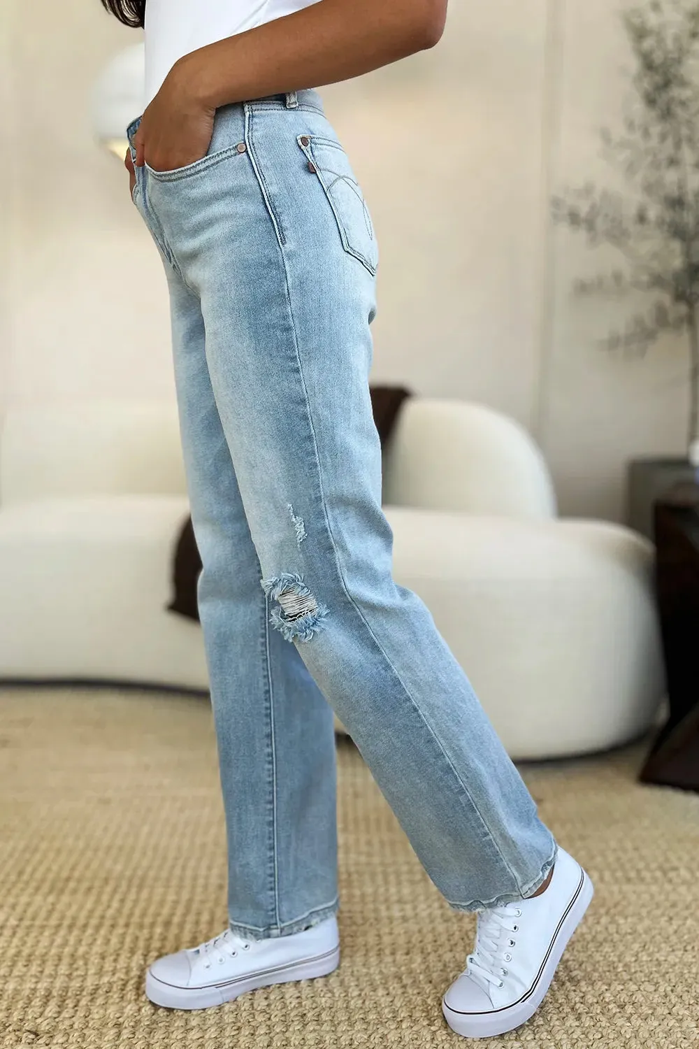 Full Size High Waist Distressed Straight Jeans