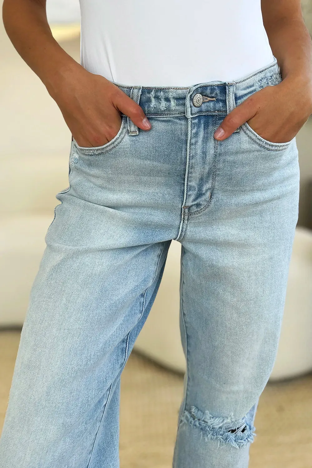 Full Size High Waist Distressed Straight Jeans