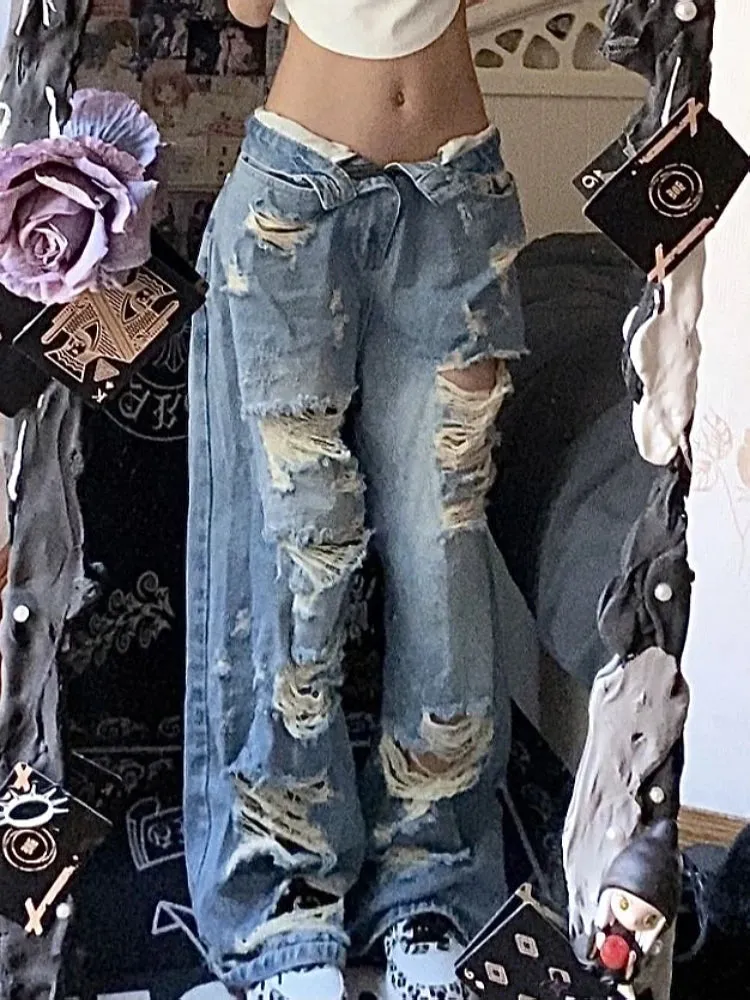 Girlary Woman Ripped Jeans Denim Baggy Low Waist Straight Leg Tie-dyed Wash Zipper Ripped Hole Casual Design Hot Tide High Street