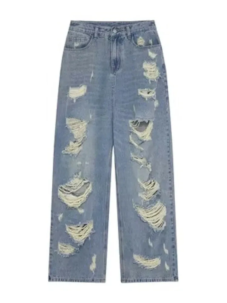 Girlary Woman Ripped Jeans Denim Baggy Low Waist Straight Leg Tie-dyed Wash Zipper Ripped Hole Casual Design Hot Tide High Street