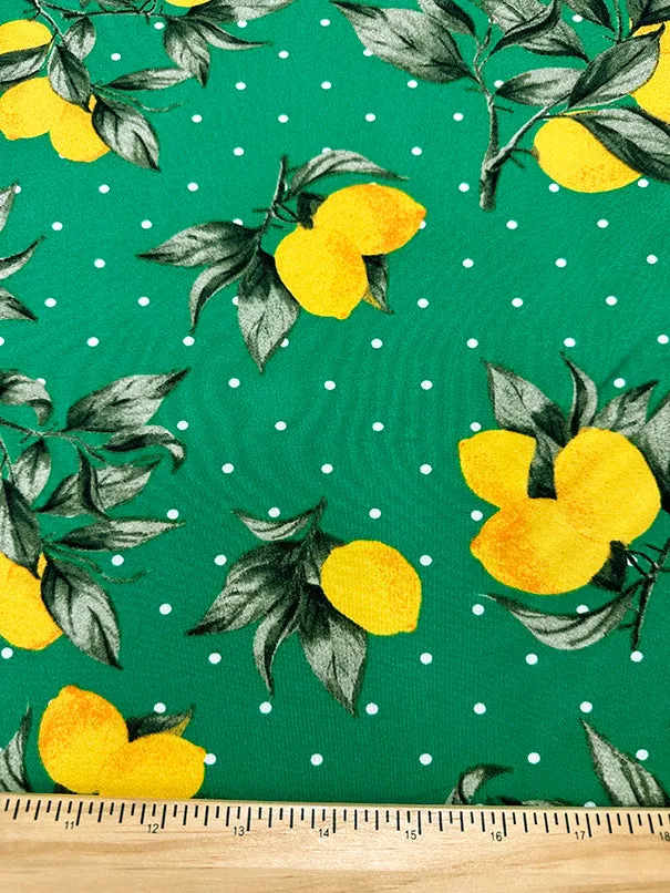 Green Lemon Polka Dot Print Double Brushed Jersey Knit Fabric