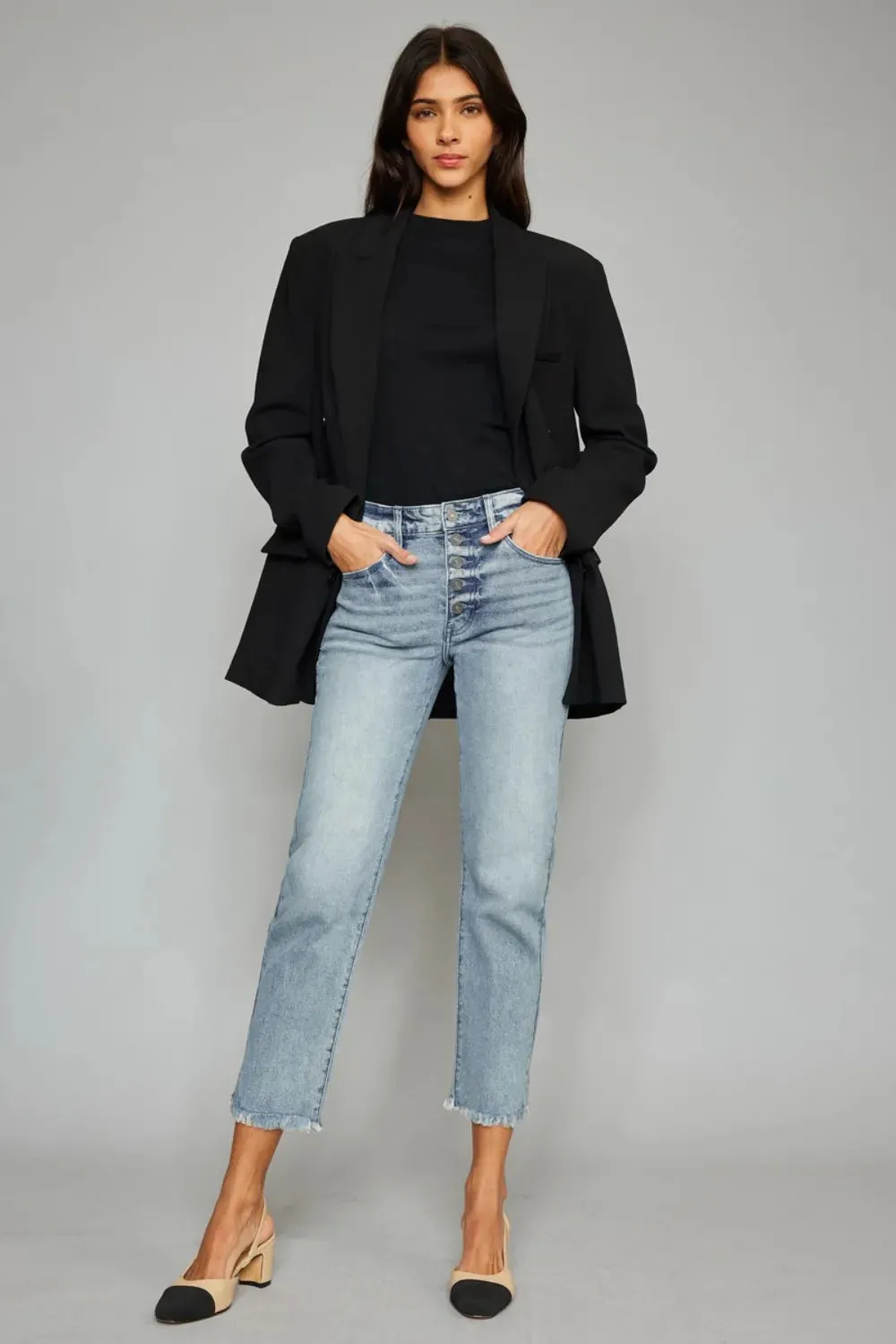 High Waist Button Fly Raw Hem Cropped Straight Jeans