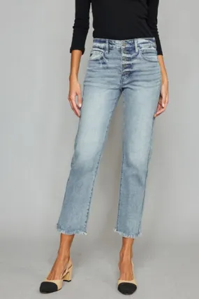 High Waist Button Fly Raw Hem Cropped Straight Jeans