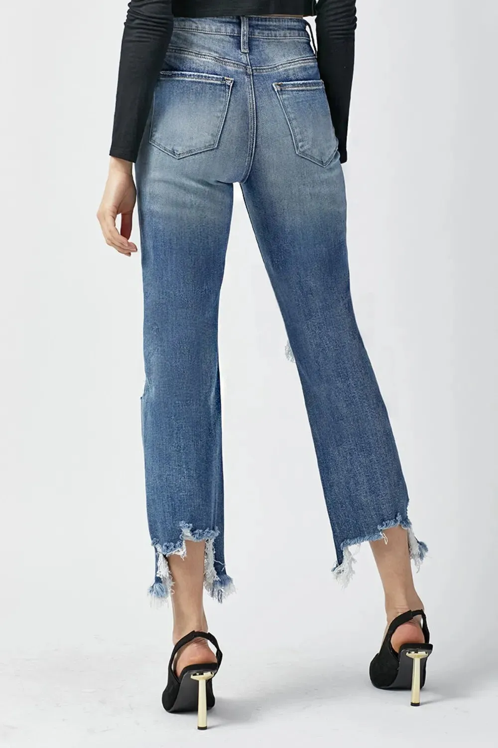 High Waist Distressed Frayed Hem Cropped Straight Jeans