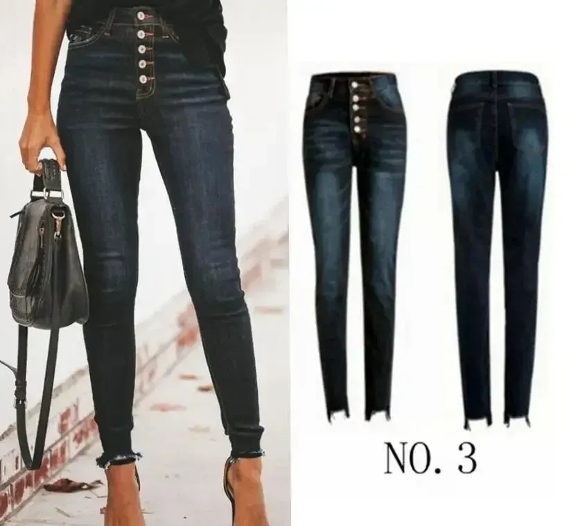 High Waist Women's Stretch Ripped Jeans, Classic Denim Pants in Blue and Black