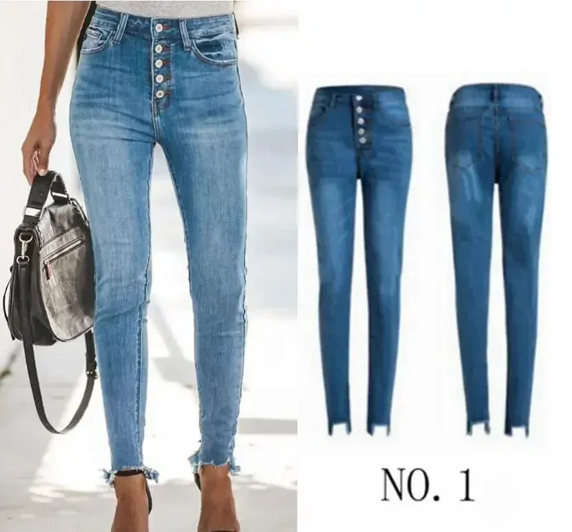 High Waist Women's Stretch Ripped Jeans, Classic Denim Pants in Blue and Black