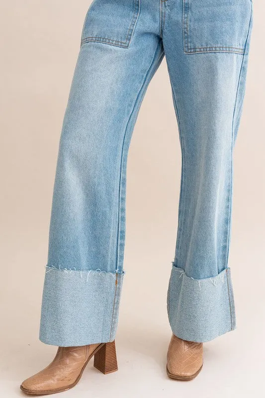 High-Waisted Wide Cuffed Jeans