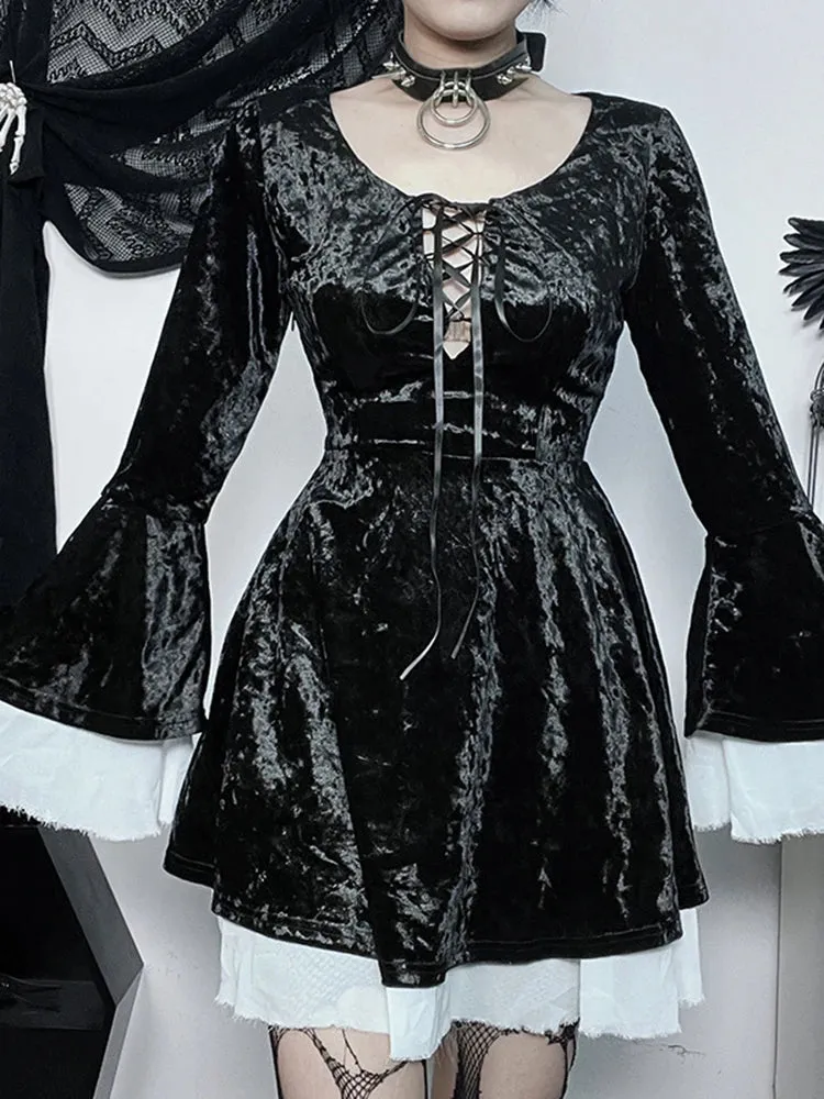 InsGoth Gothic Lace Up Velvet Queen Renaissance Medieval Witch Vintage Cosplay Party Gothic Dress