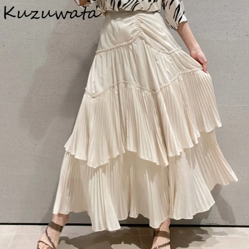 Joskaa Christmas Gift Kuzuwata Japanese Sweet Temperament Office Lady Faldas Empire Solid Ruffles Mid-Calf Skirts 2024 Spring Summer Woman Bottoms