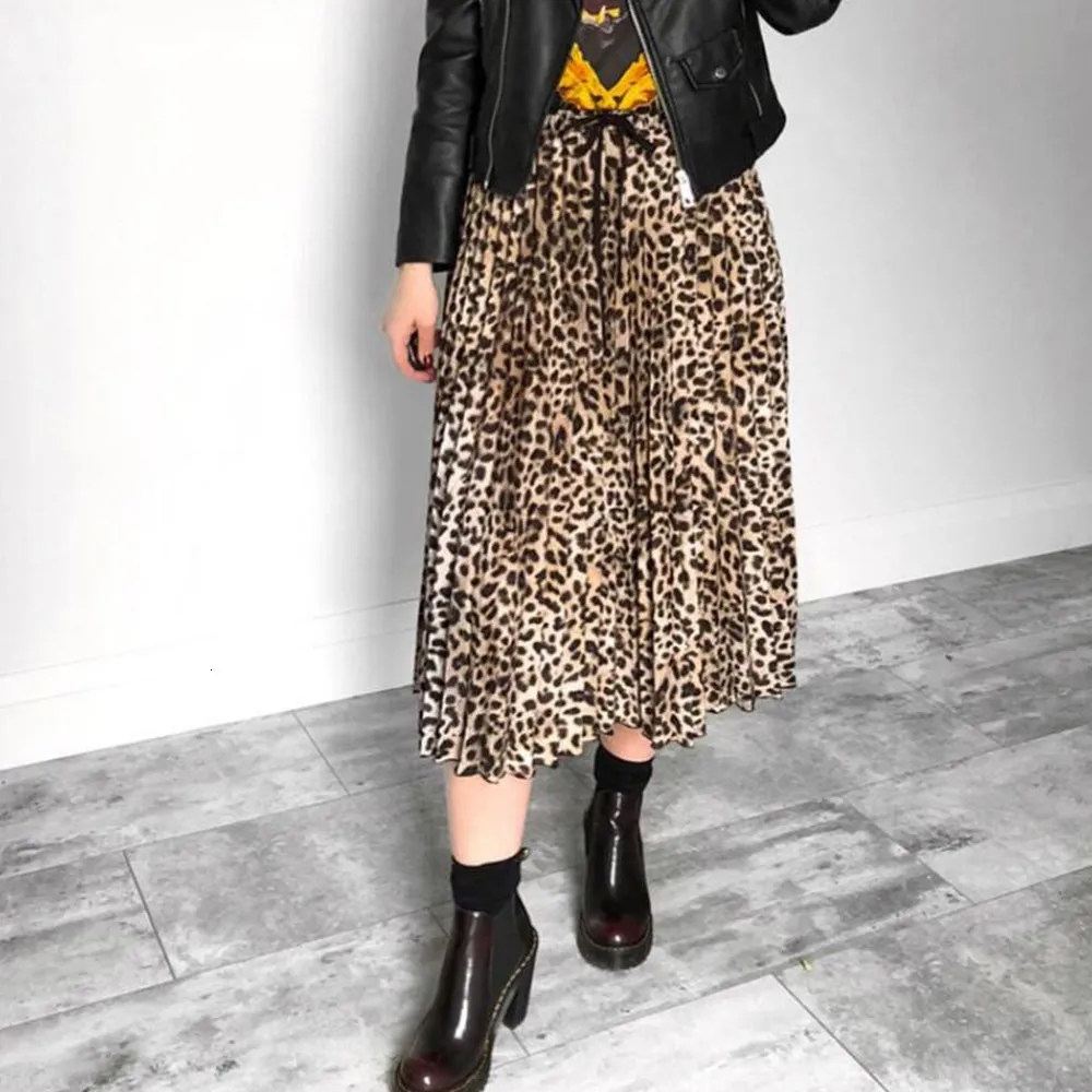 JuliaFashion - 2024 Women Leopard Print Pleated Skirts Drawstring Elastic Waist Midi Skirts