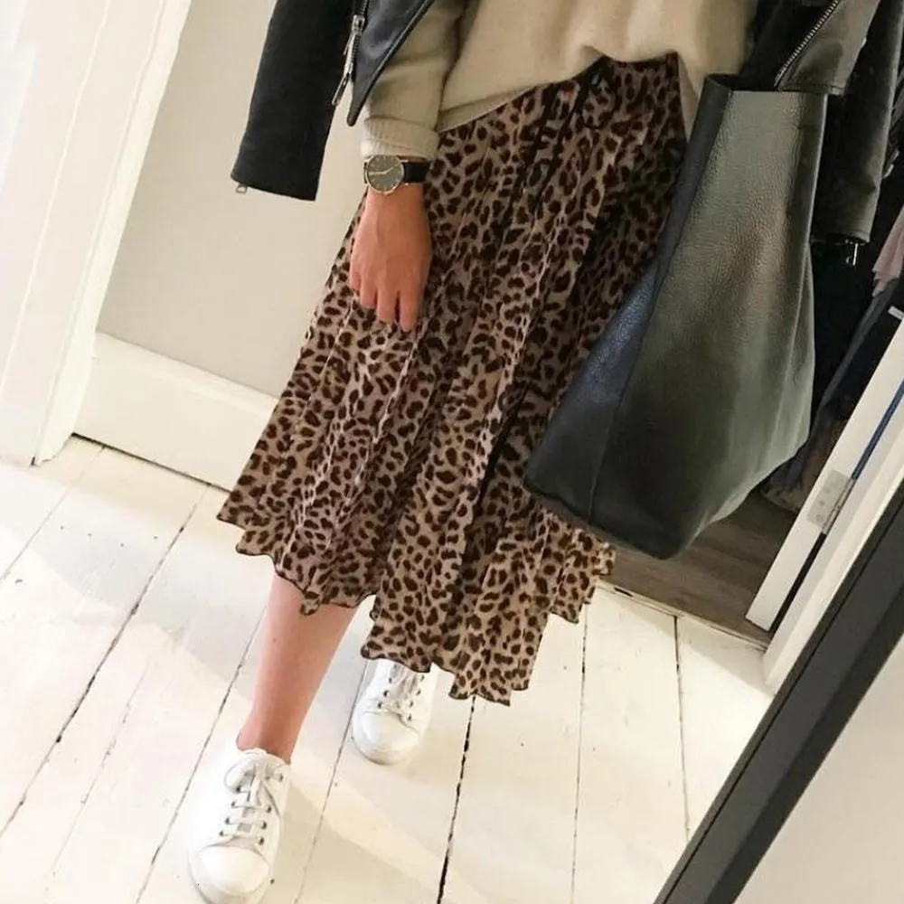 JuliaFashion - 2024 Women Leopard Print Pleated Skirts Drawstring Elastic Waist Midi Skirts