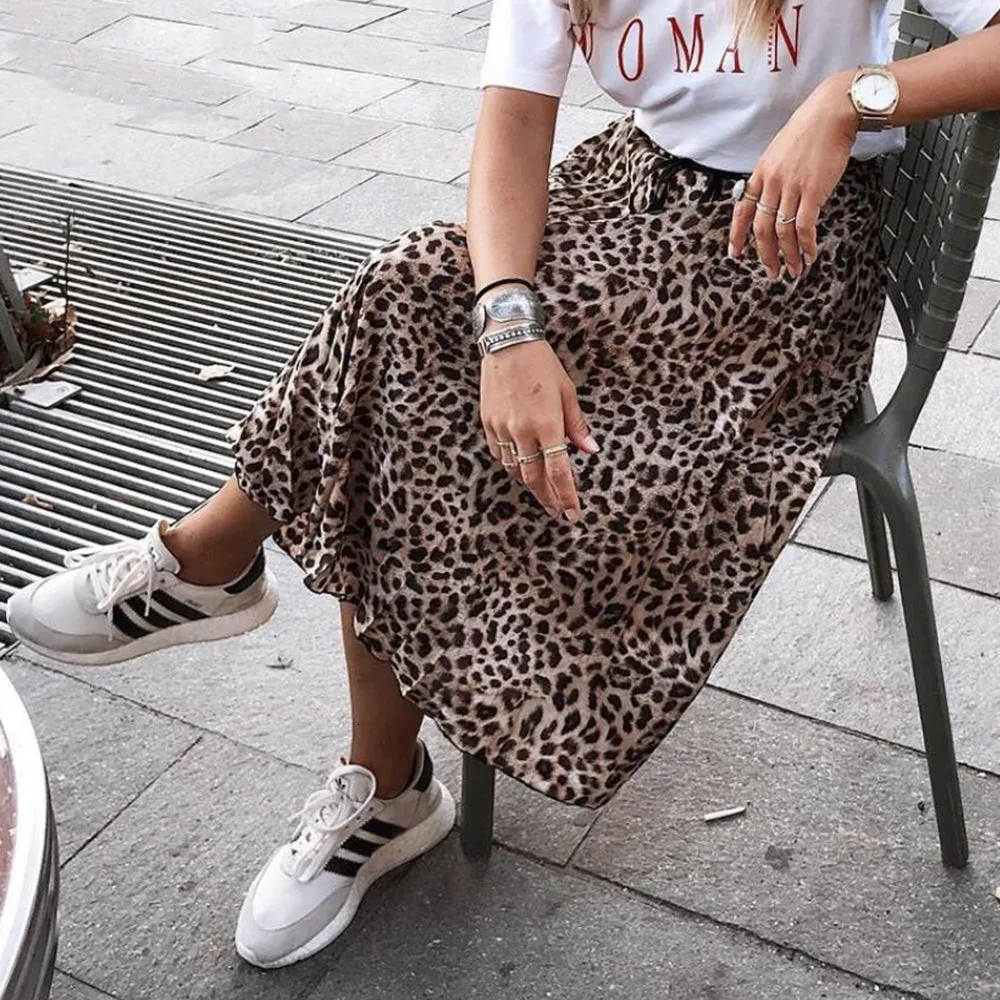 JuliaFashion - 2024 Women Leopard Print Pleated Skirts Drawstring Elastic Waist Midi Skirts