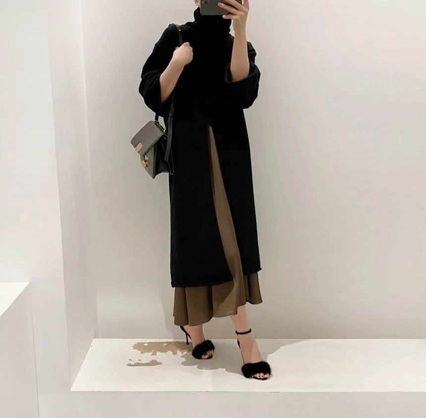 [Korean Style] Fleur Front Slit Long Sweater Turtleneck