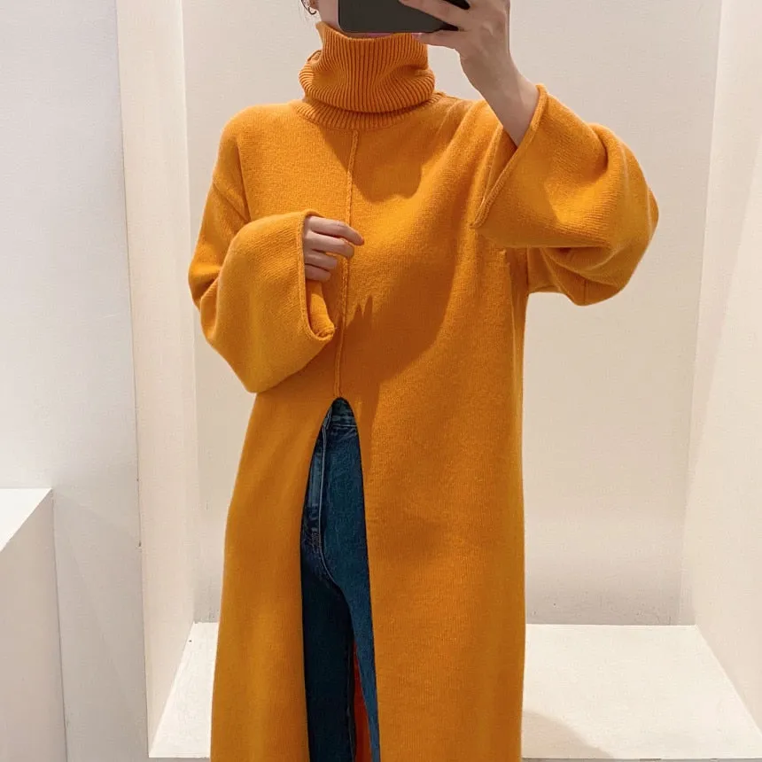 [Korean Style] Fleur Front Slit Long Sweater Turtleneck