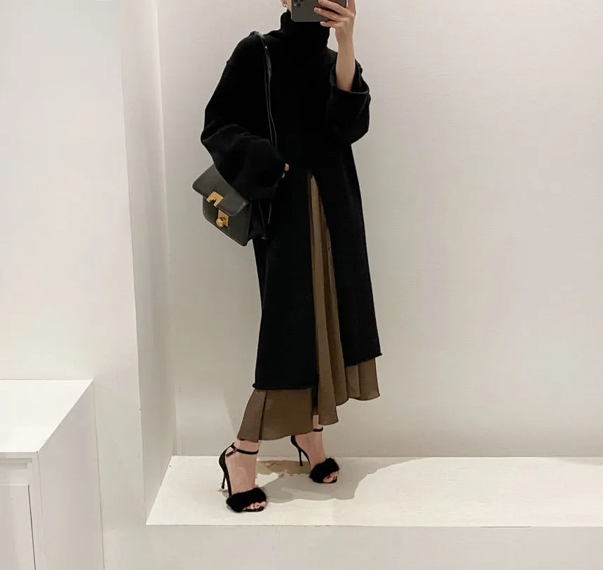 [Korean Style] Fleur Front Slit Long Sweater Turtleneck