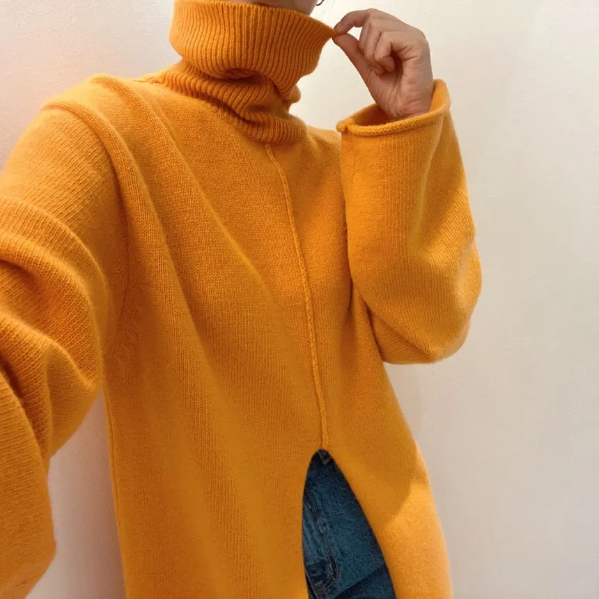 [Korean Style] Fleur Front Slit Long Sweater Turtleneck