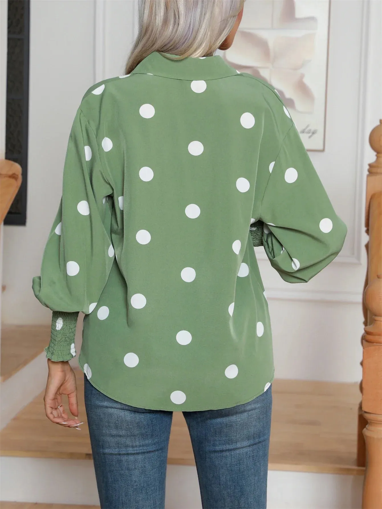 Lapel Sleeve Down Balloon Dot Button Print Polka Women's Casual Lantern Blouse