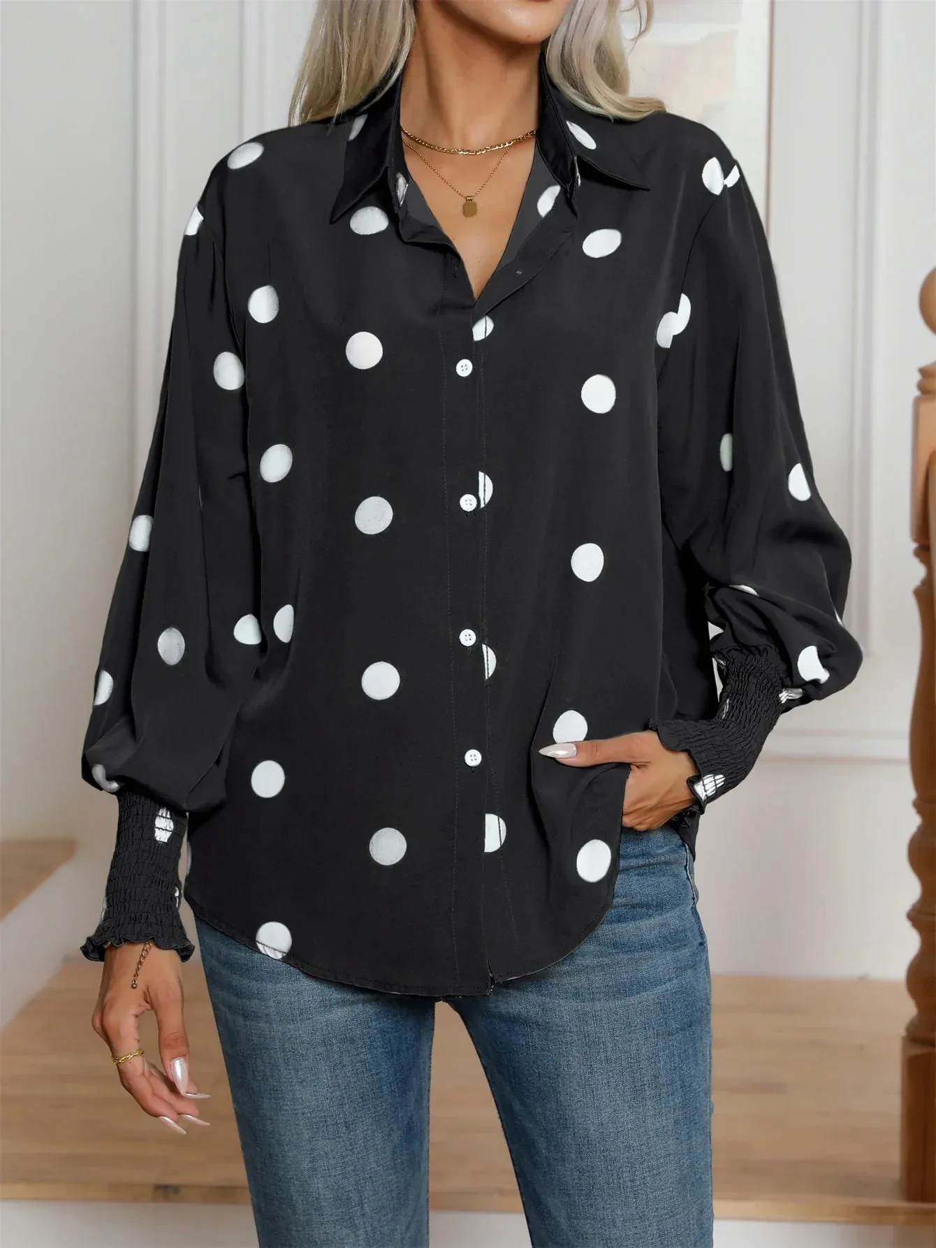 Lapel Sleeve Down Balloon Dot Button Print Polka Women's Casual Lantern Blouse