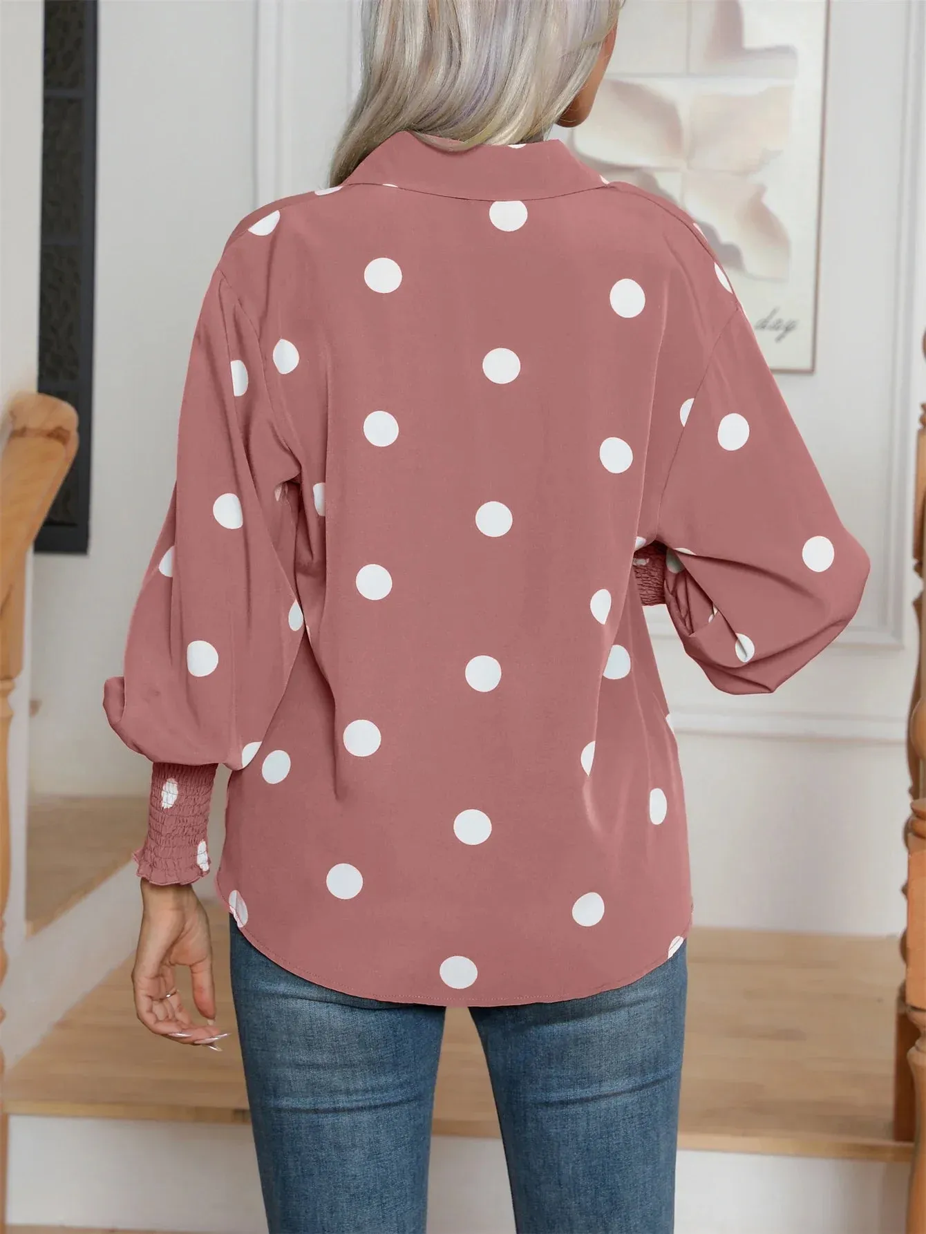 Lapel Sleeve Down Balloon Dot Button Print Polka Women's Casual Lantern Blouse