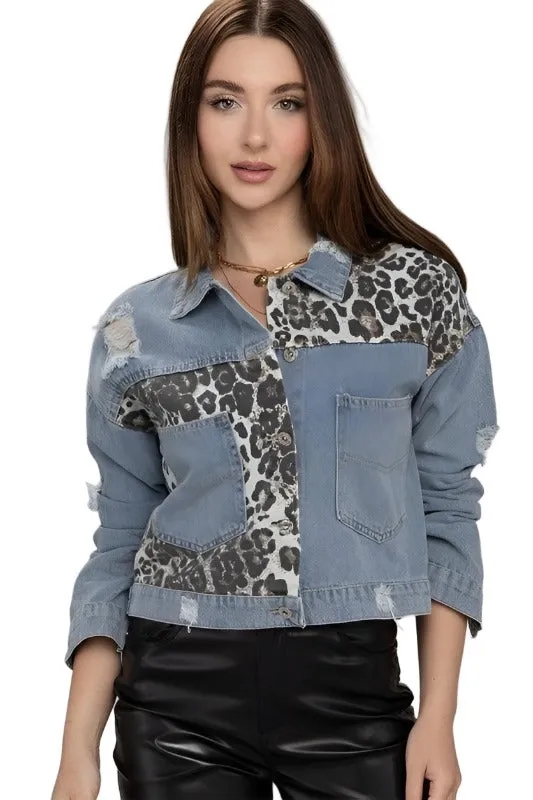 Leopard Patchwork Denim Jacket