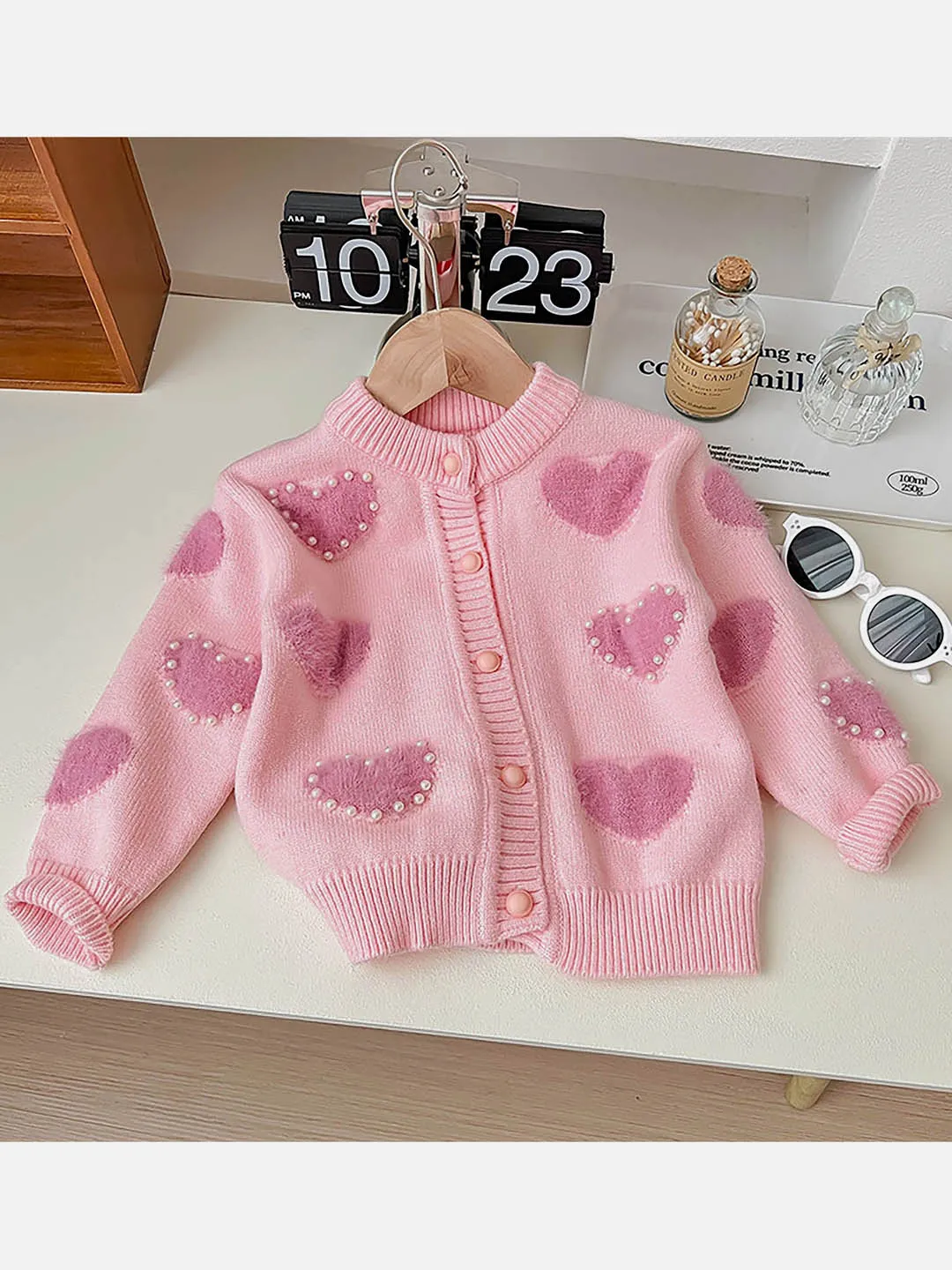 Little Surprise Box Baby Pink Pearl Hearts Warmer cardigan Sweater for Kids