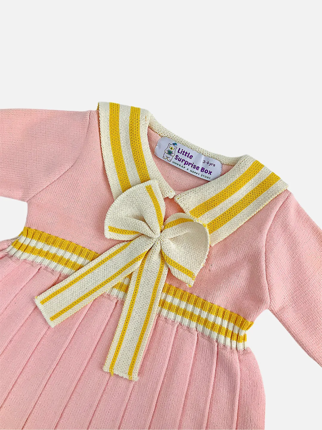 Little Surprise Box Pink & Mustard Big Bow & Stripes Sailor neck Winterwear Frock for girls