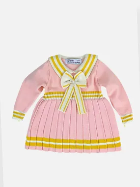 Little Surprise Box Pink & Mustard Big Bow & Stripes Sailor neck Winterwear Frock for girls