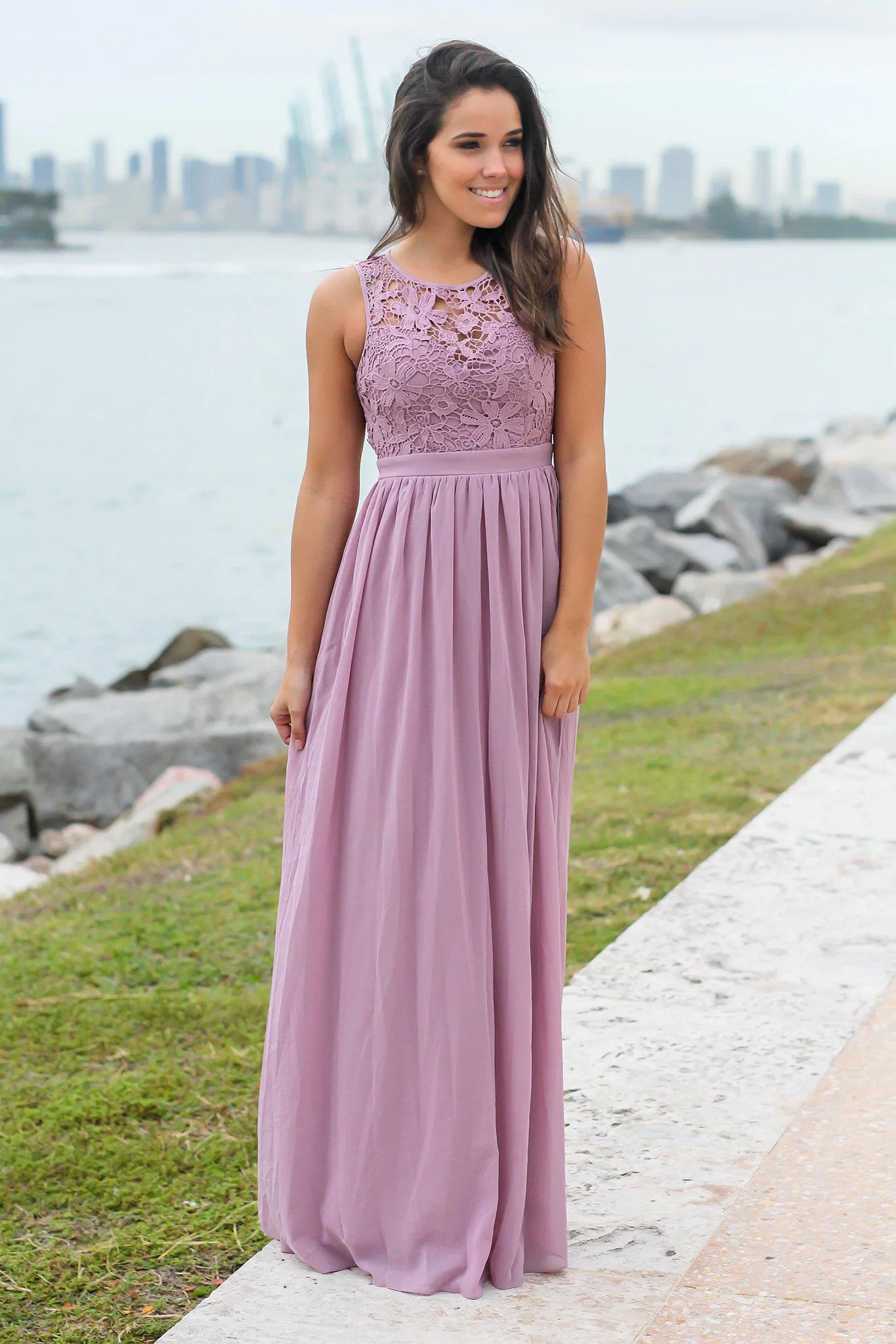 Mauve Crochet Maxi Dress with Open Back