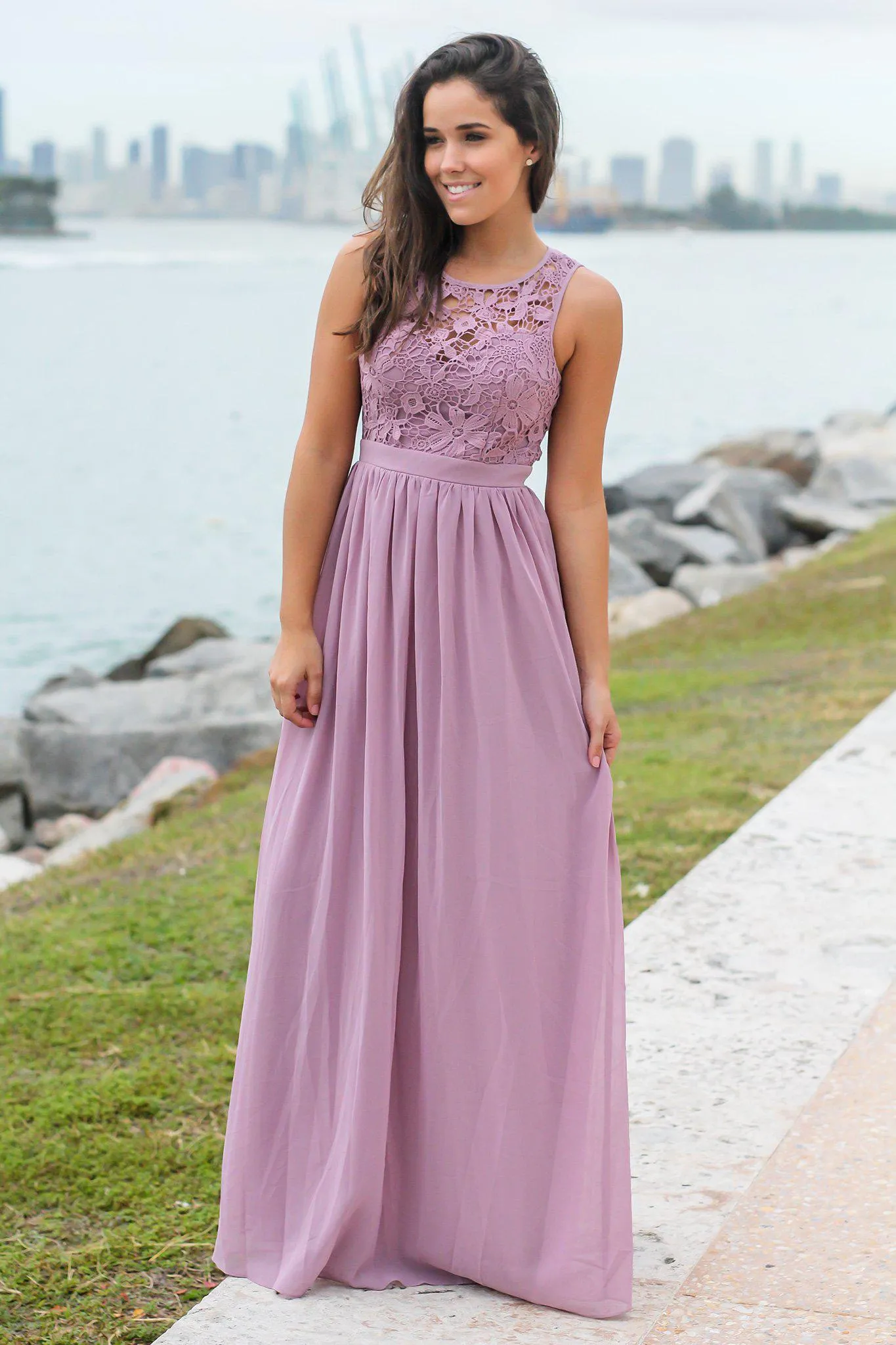 Mauve Crochet Maxi Dress with Open Back