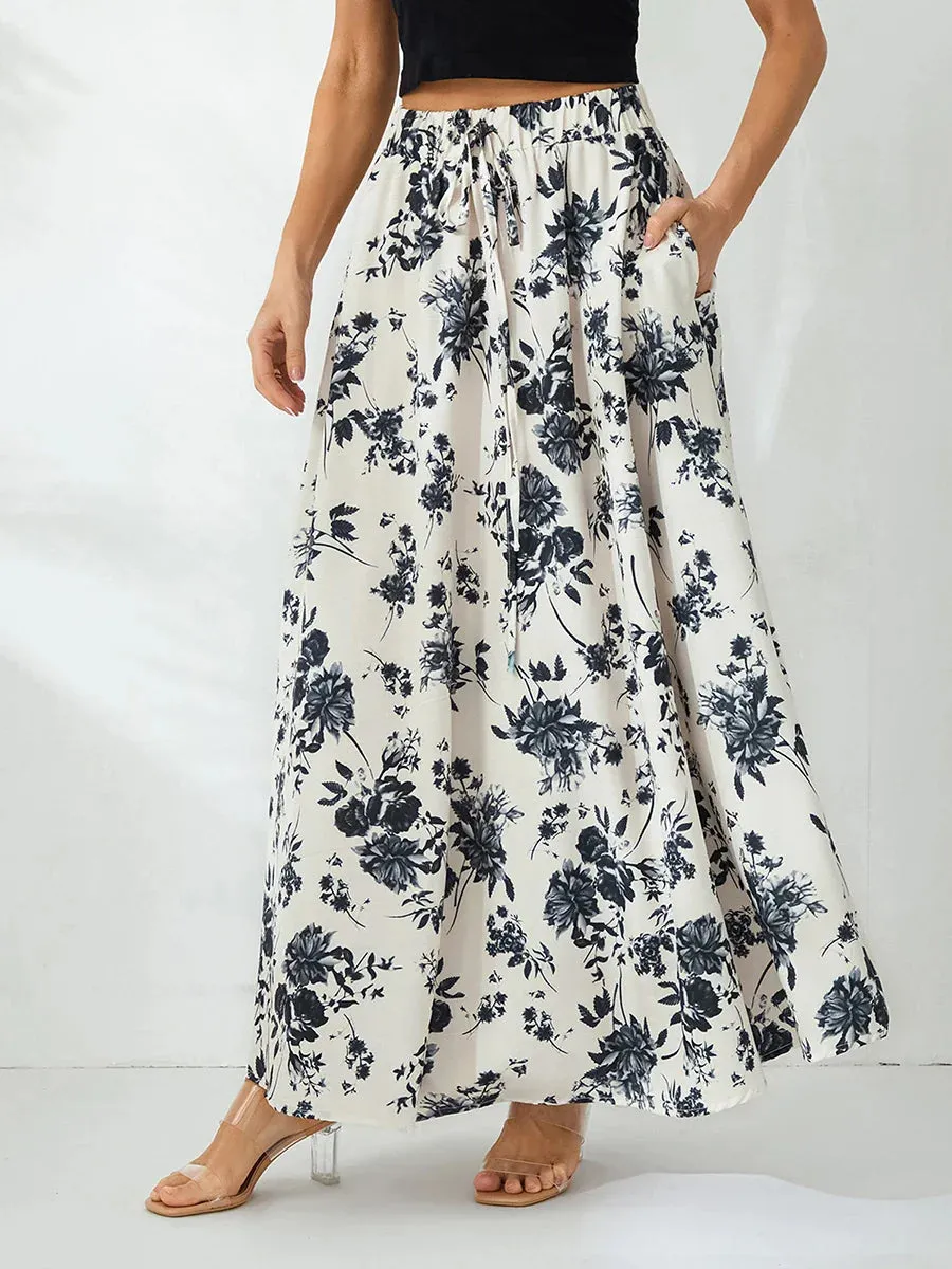 Maxi Vintage Floral Print High Waist Drawtring A Line Long with Pockets Flowy Skirt