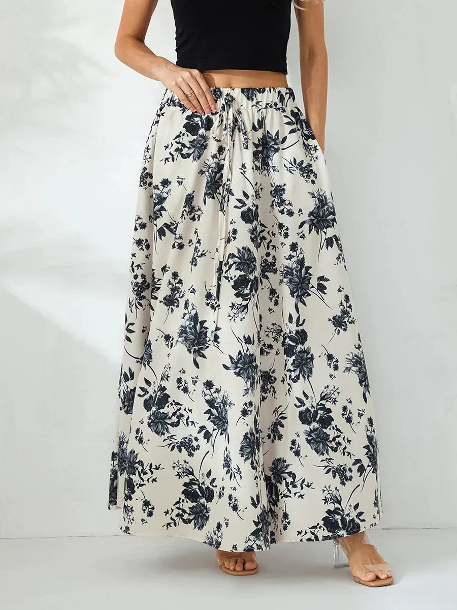 Maxi Vintage Floral Print High Waist Drawtring A Line Long with Pockets Flowy Skirt