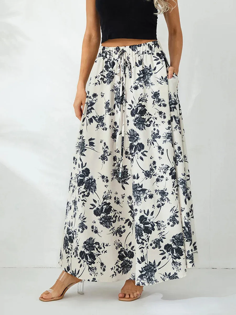 Maxi Vintage Floral Print High Waist Drawtring A Line Long with Pockets Flowy Skirt