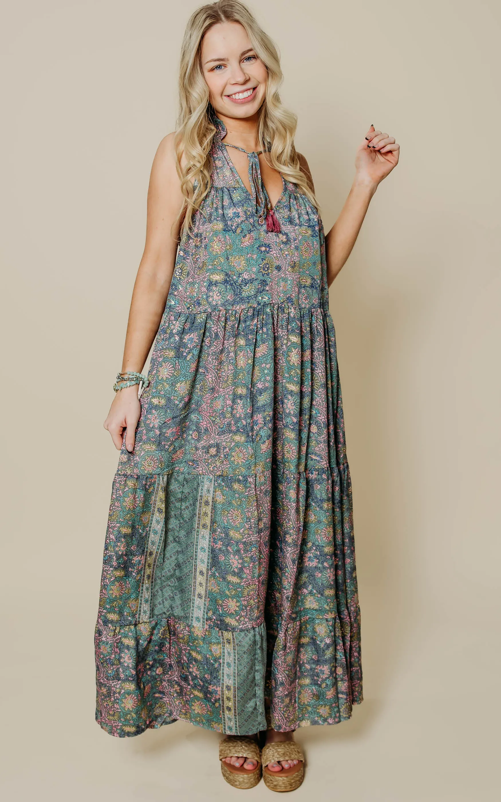 Metallic Floral Halter Maxi Dress - Final Sale