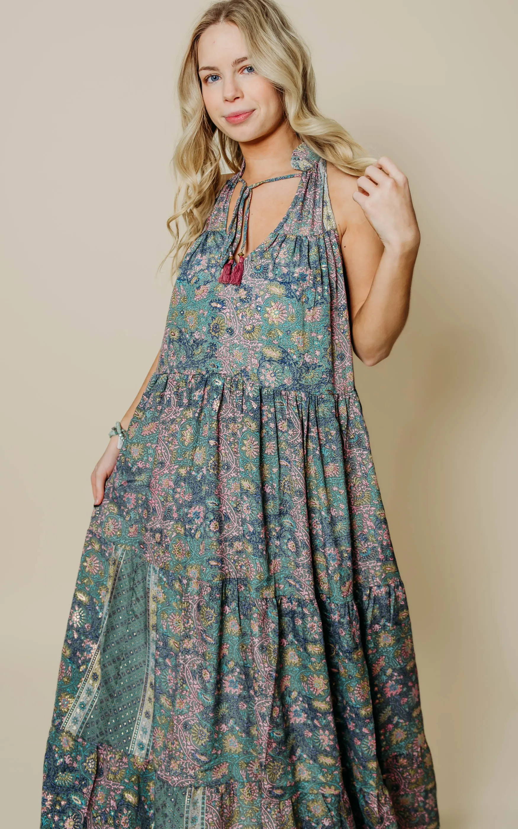 Metallic Floral Halter Maxi Dress - Final Sale