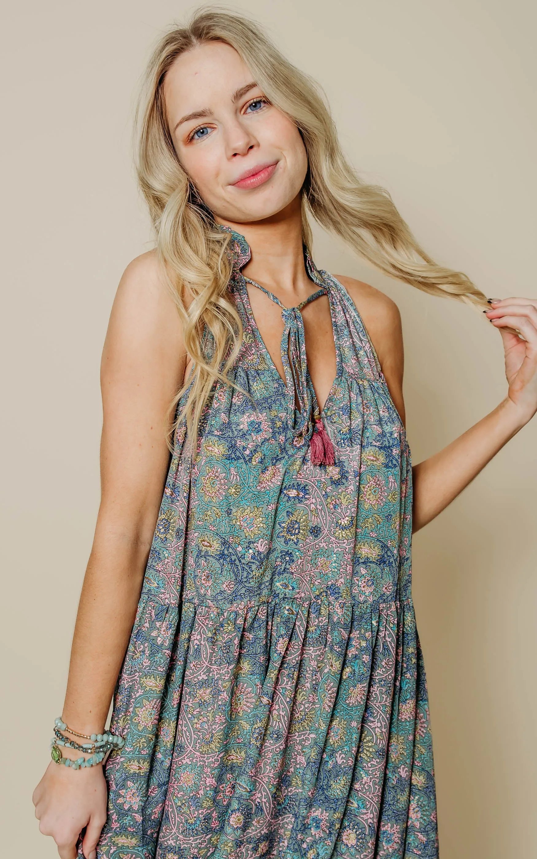 Metallic Floral Halter Maxi Dress - Final Sale