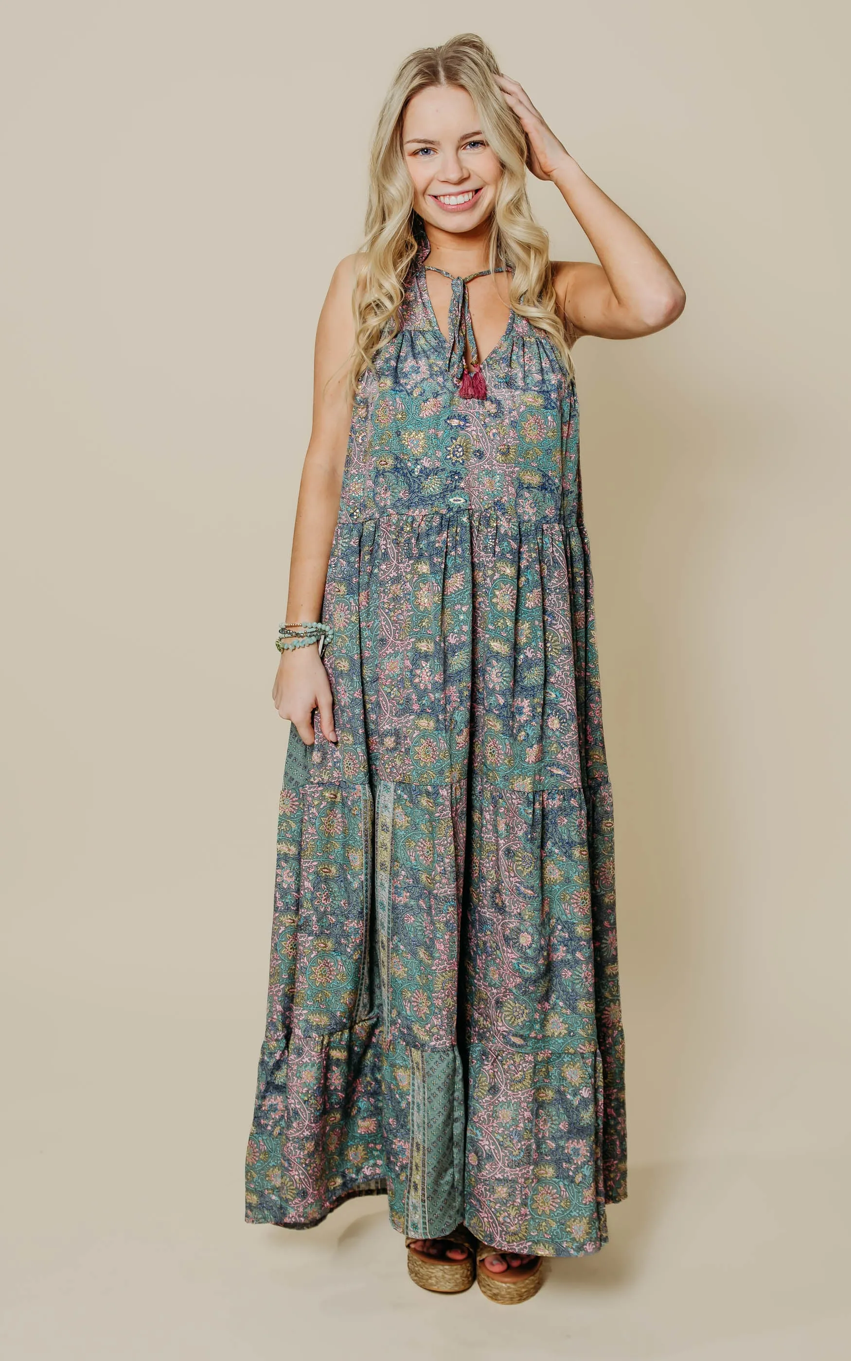 Metallic Floral Halter Maxi Dress - Final Sale