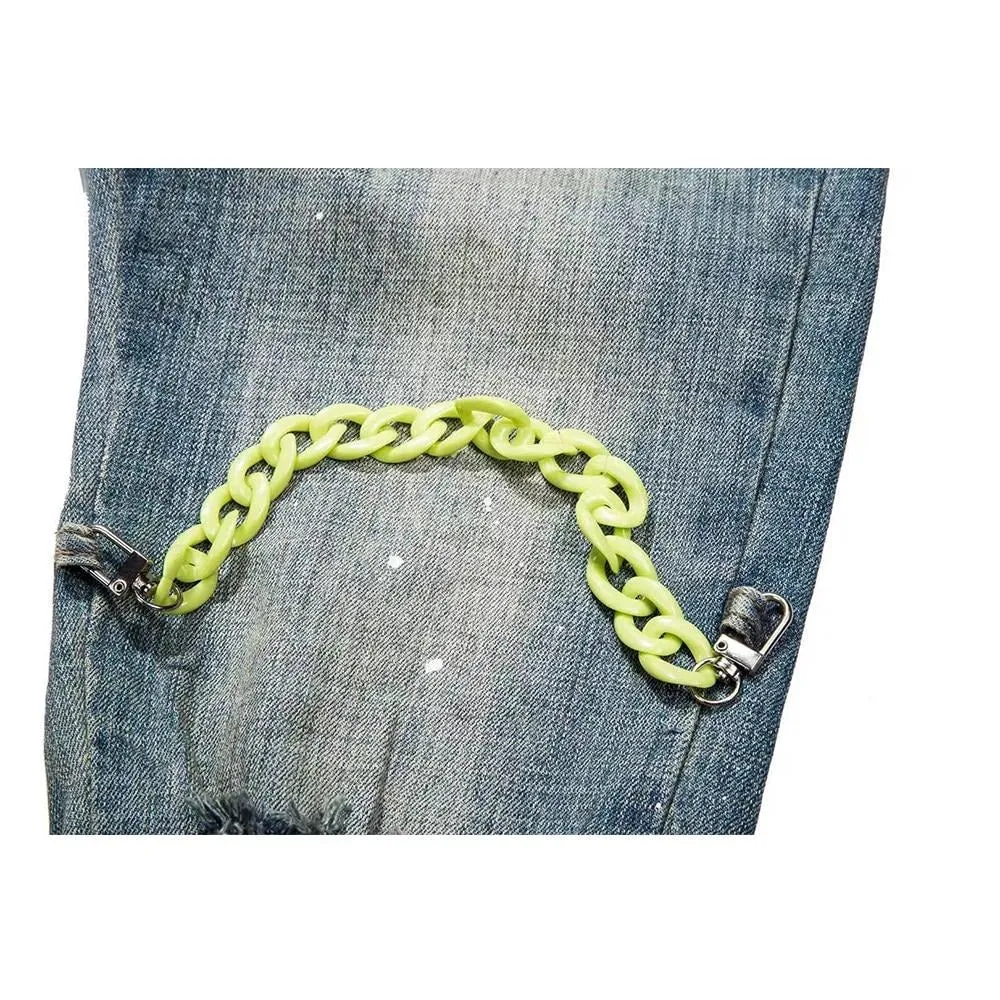 Neon Chain and Lace Decorated Ripped Jeans