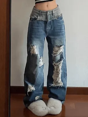 Patchwork Distressed Straight Leg Ripped Jeans