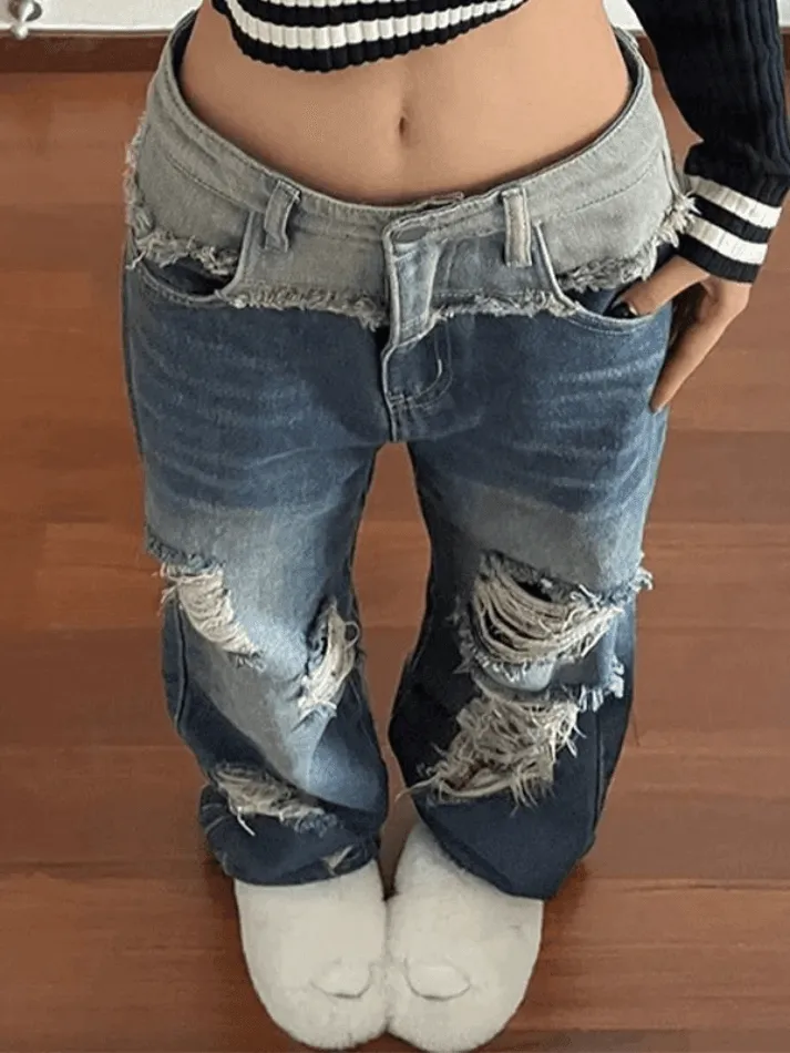 Patchwork Distressed Straight Leg Ripped Jeans