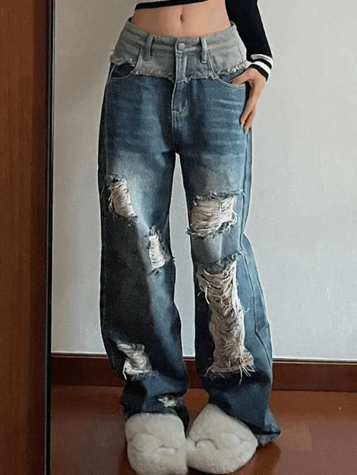 Patchwork Distressed Straight Leg Ripped Jeans