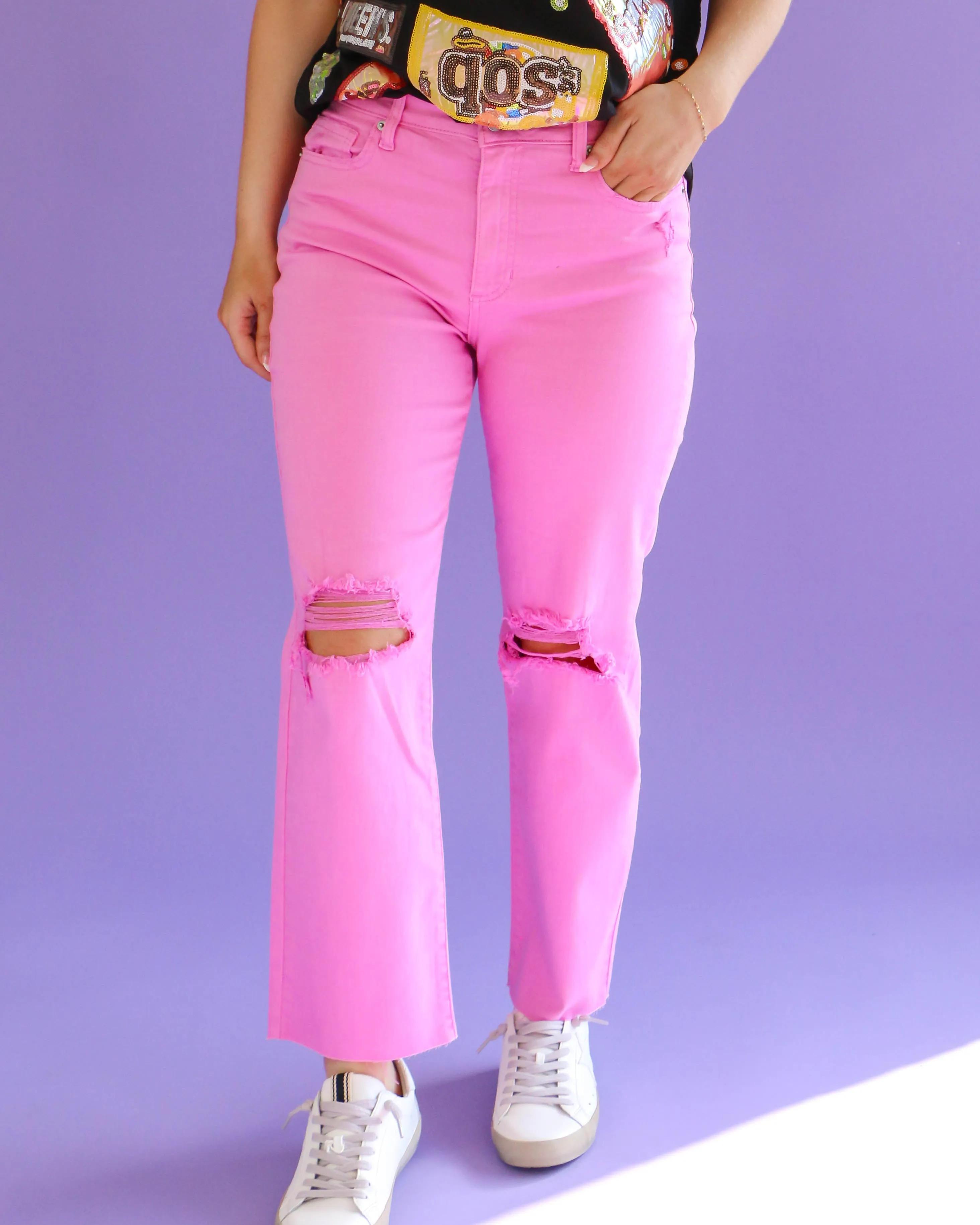 Pink Jeans with Ripped Knee