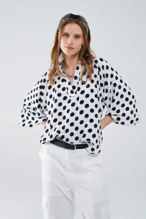 Polka Dot Blouse with V-Neck and Balloon Sleeves