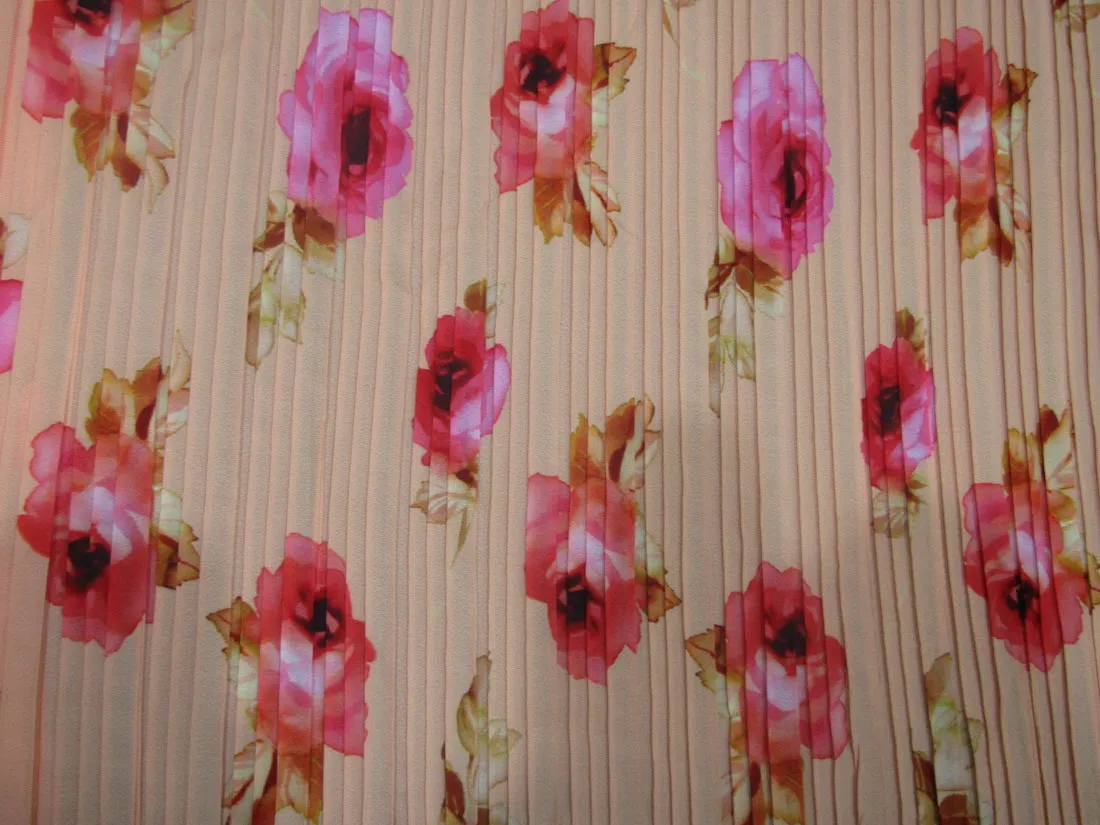 Polyester Pleated Printed Georgette Peach Fabric ~ 44'' wide