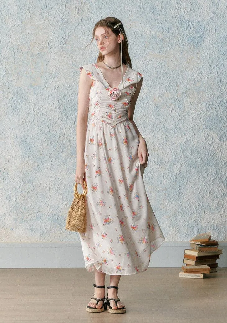 Retro Sleeveless Floral Pleating Wrap Dress