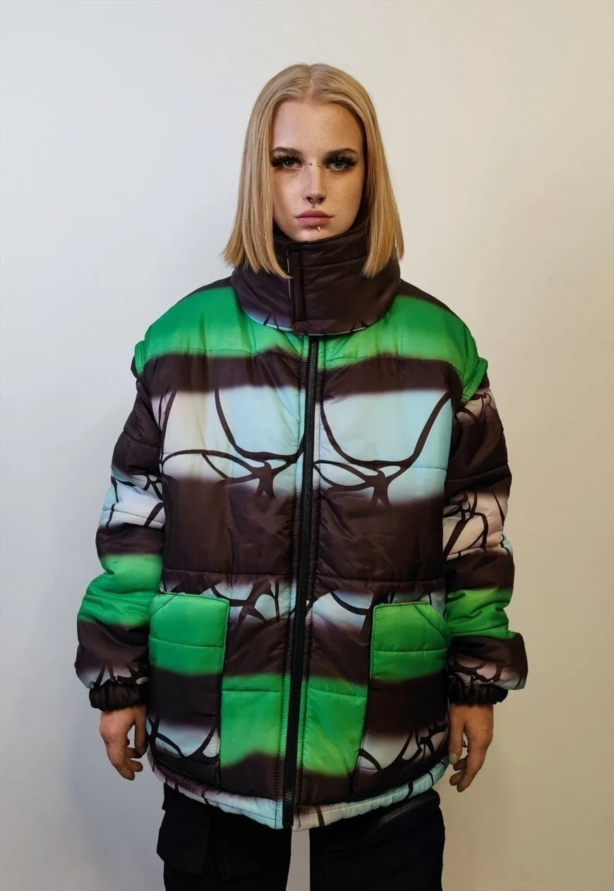 Reversible bomber jacket detachable sleeves puffer in green