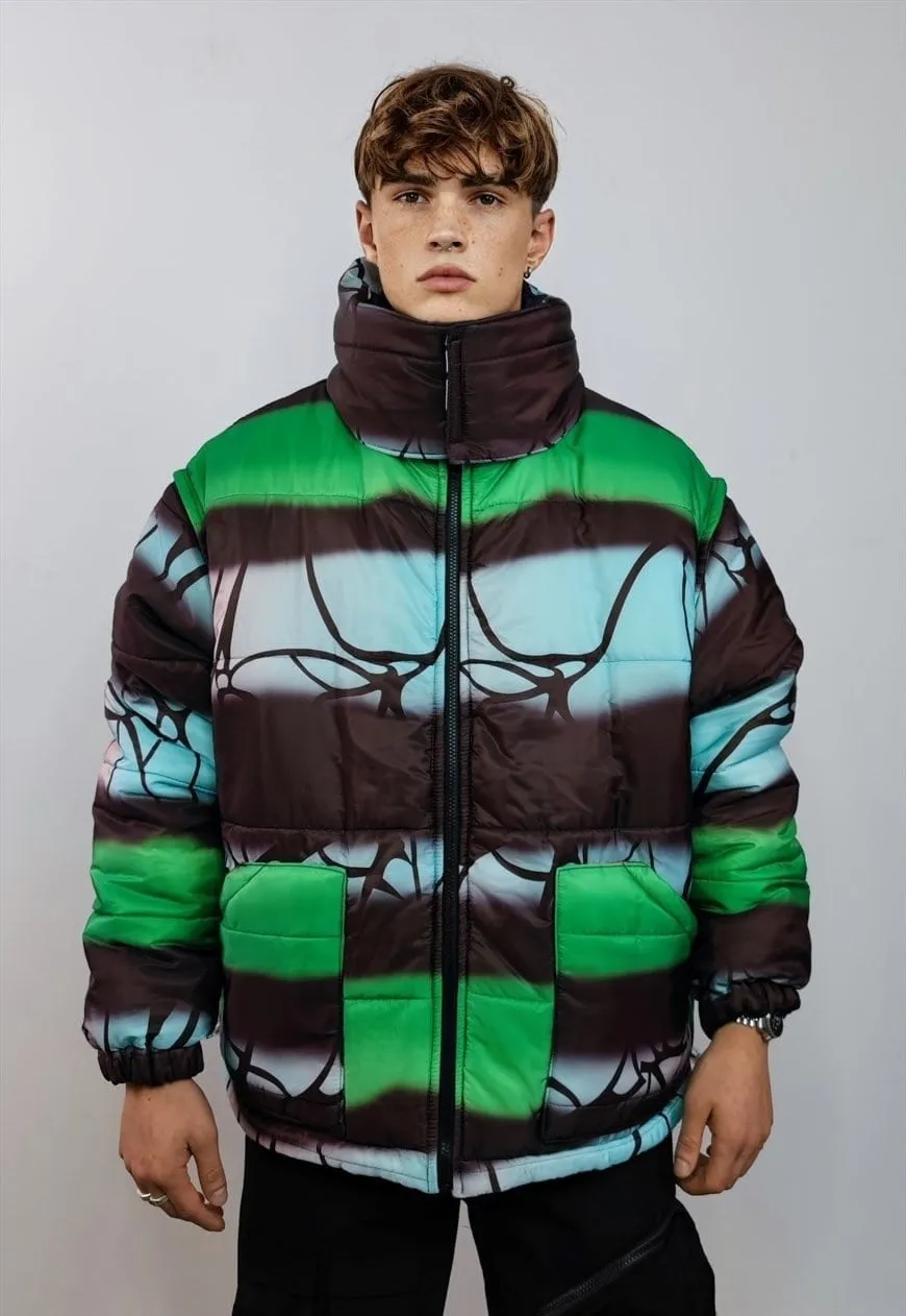 Reversible bomber jacket detachable sleeves puffer in green