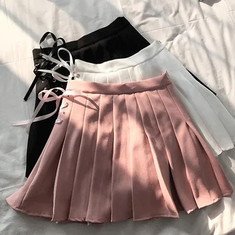 Side Lace Up Pastel Colors Pleated Skirts