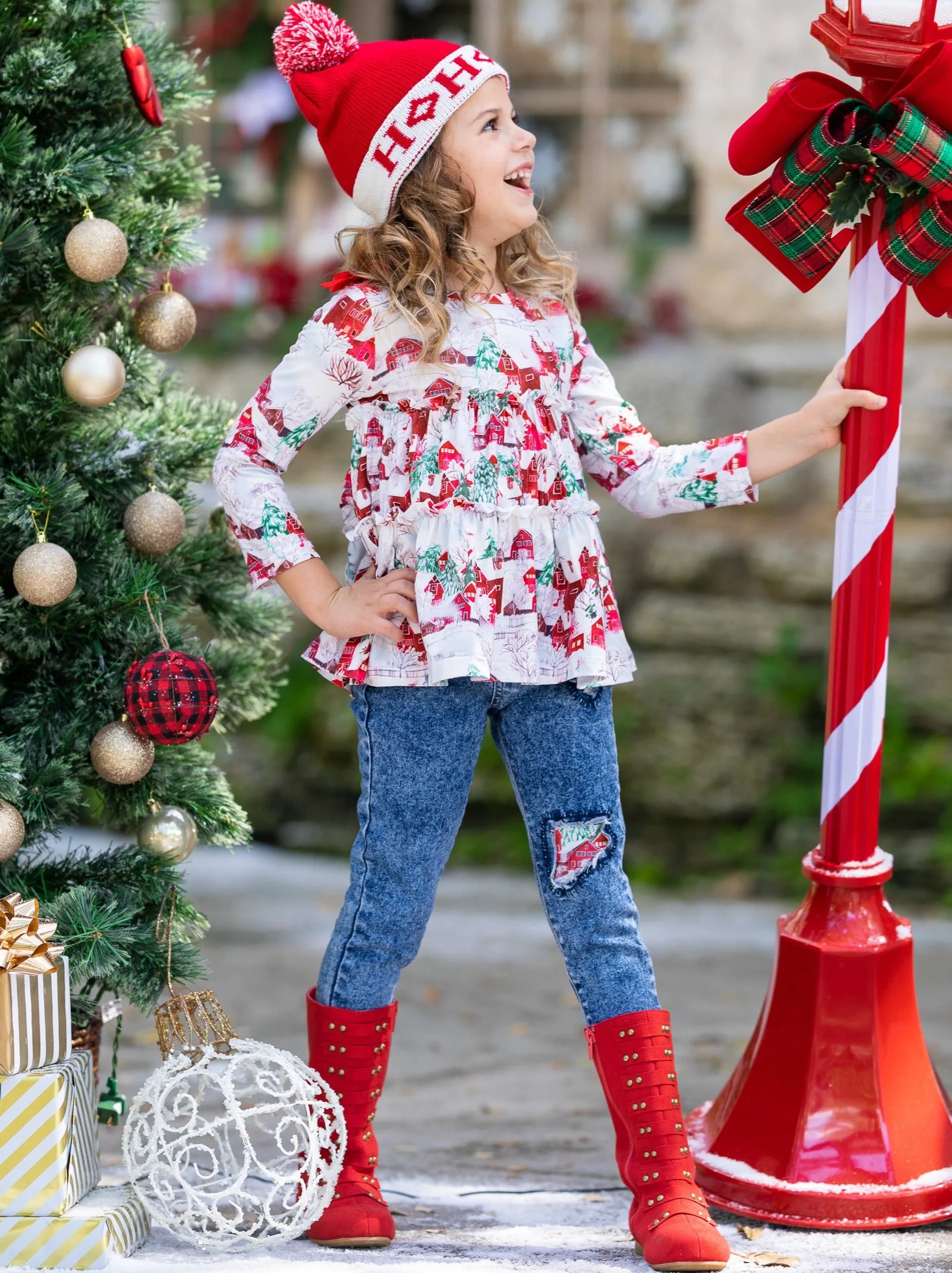 Sleigh Princess Ruffled Top and Patched Jeans Set